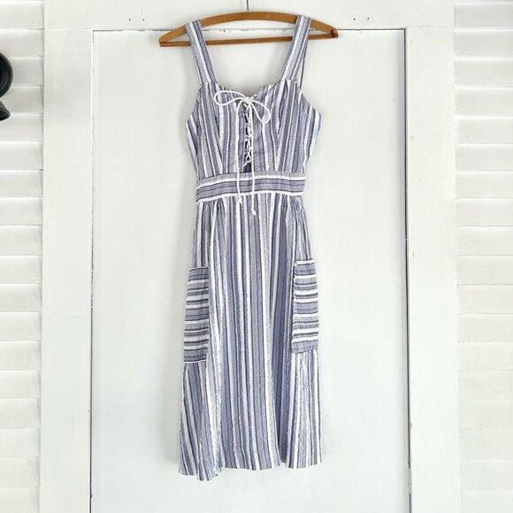 70s Vintage Cute Cotton Seersucker Striped Lace Up Sun Dress XS